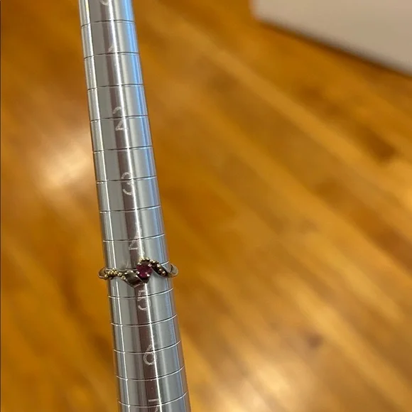 Delicate 14k Gold Twist Ring with Ruby-Red Stone - Picture 2 of 12